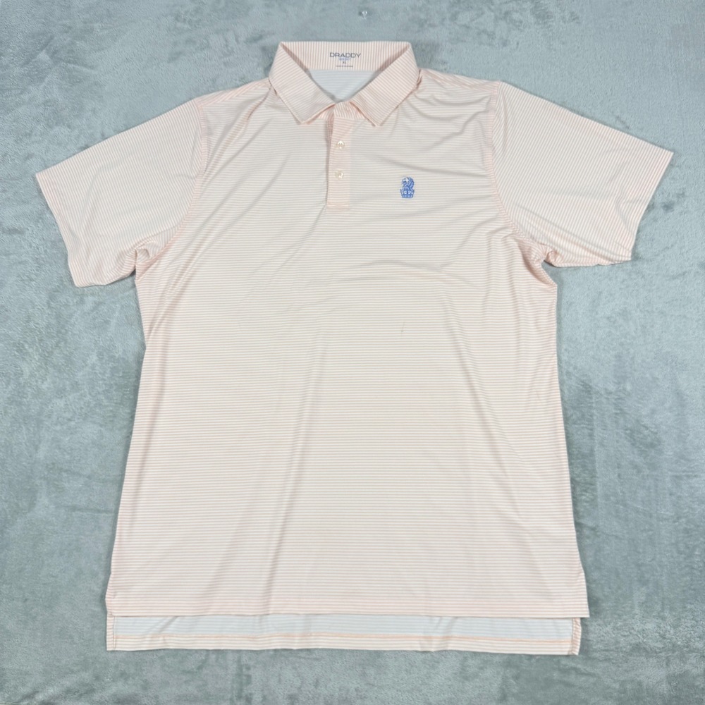 B. Draddy Mens XL Polo Shirt Peach White Striped Ritz Carlton Lion Sport